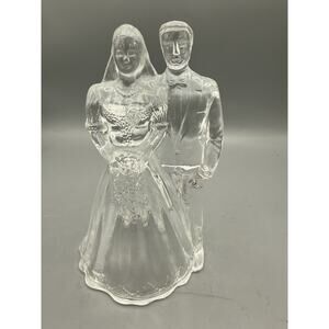 Vintage Glass Wedding Cake Topper Bride Groom Clear Figurine 5”